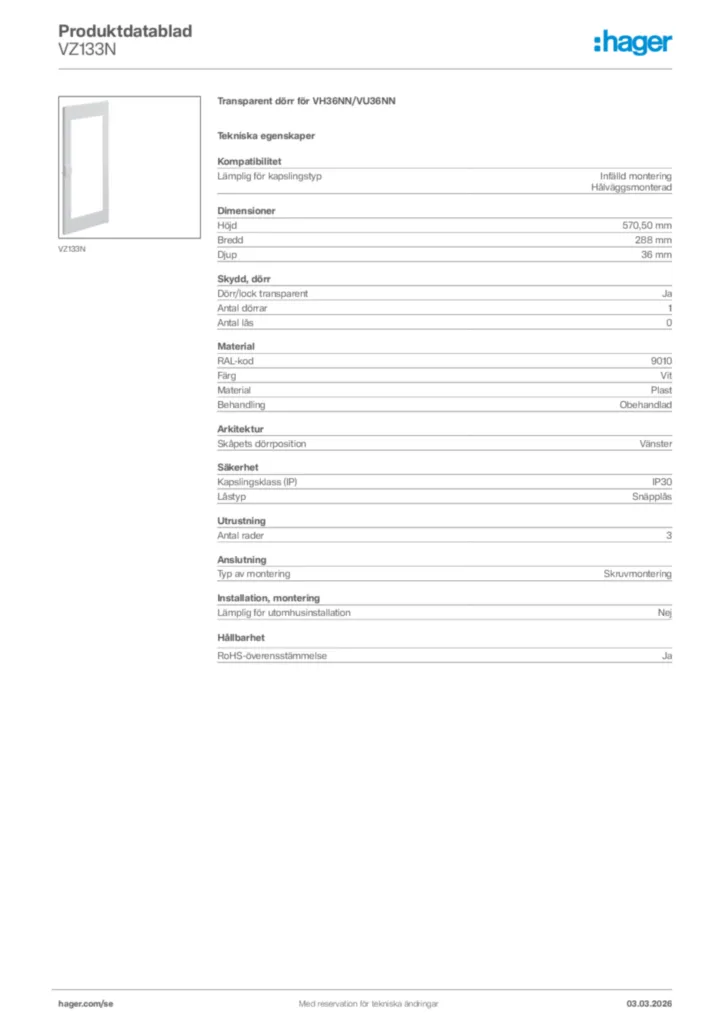 Bild Hager Produktdatablad VZ133N | Hager Sverige