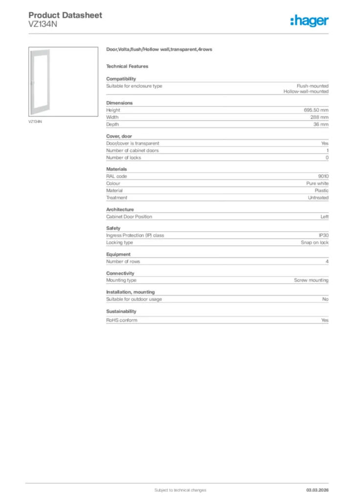 Image Hager Product data sheet VZ134N  | Hager Africa