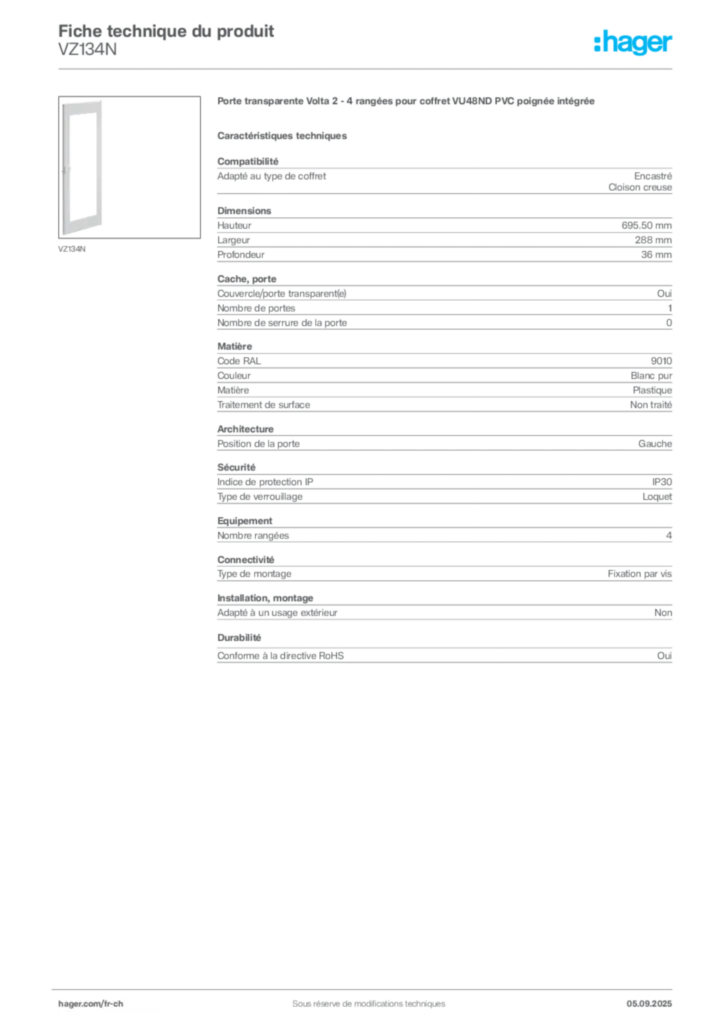 Image Hager Fiche technique du produit VZ134N | Hager Suisse