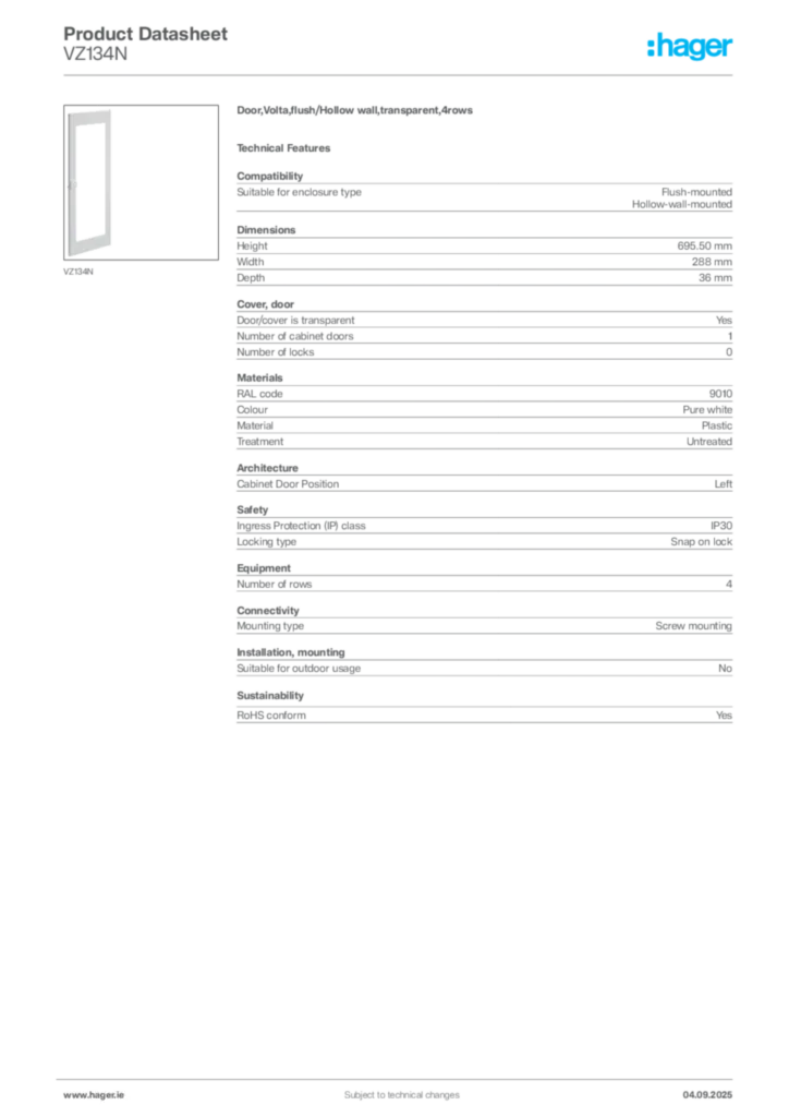 Image Hager Product data sheet VZ134N  | Hager