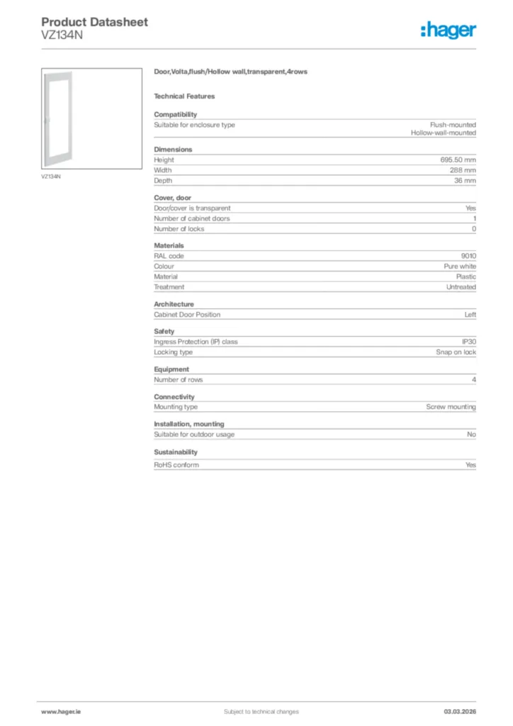 Image Hager Product data sheet VZ134N  | Hager