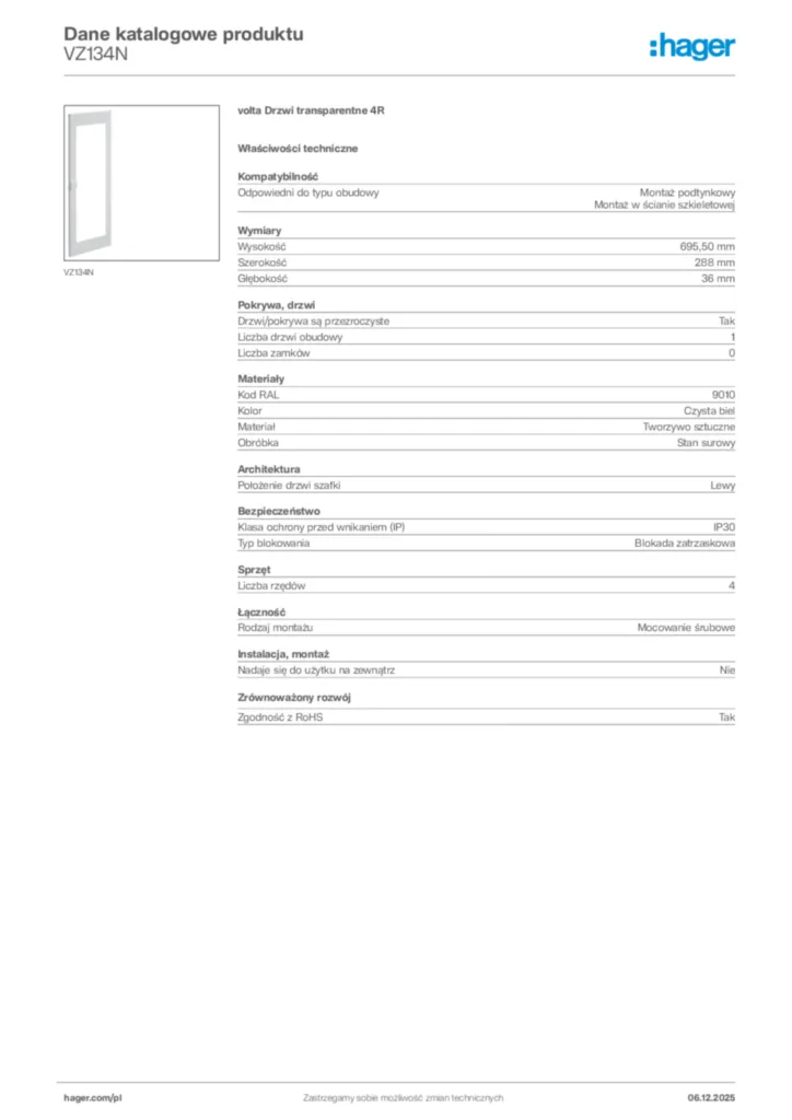 Zdjęcie Hager Karta katalogowa VZ134N | Hager Polska