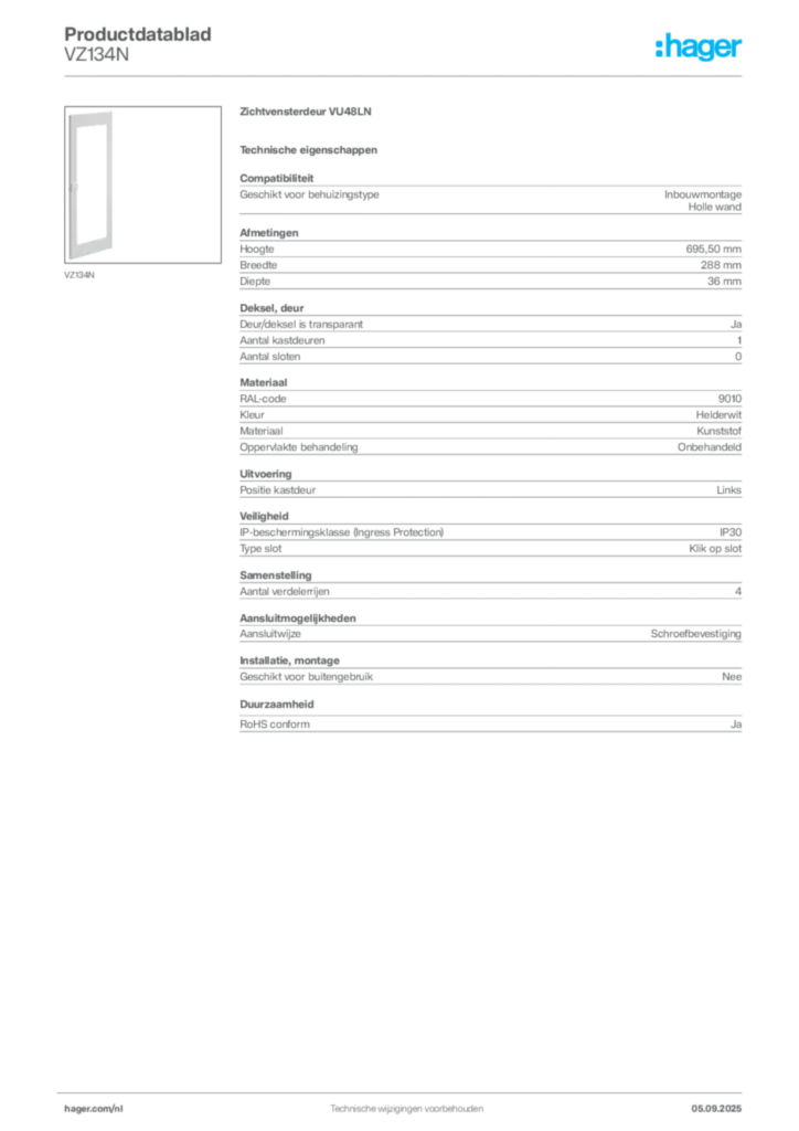 Afbeelding Hager Productdatablad VZ134N | Hager Nederland
