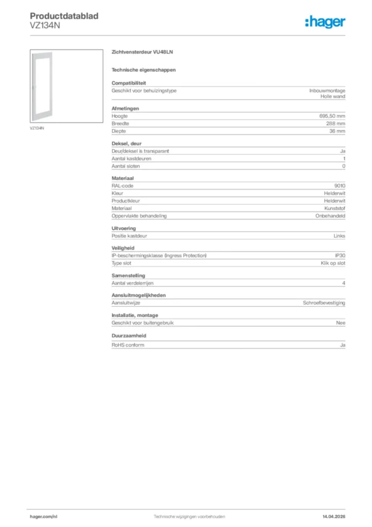 Afbeelding Hager Productdatablad VZ134N | Hager Nederland