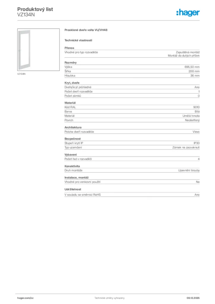 Obrázek Hager Product data sheet VZ134N | Hager