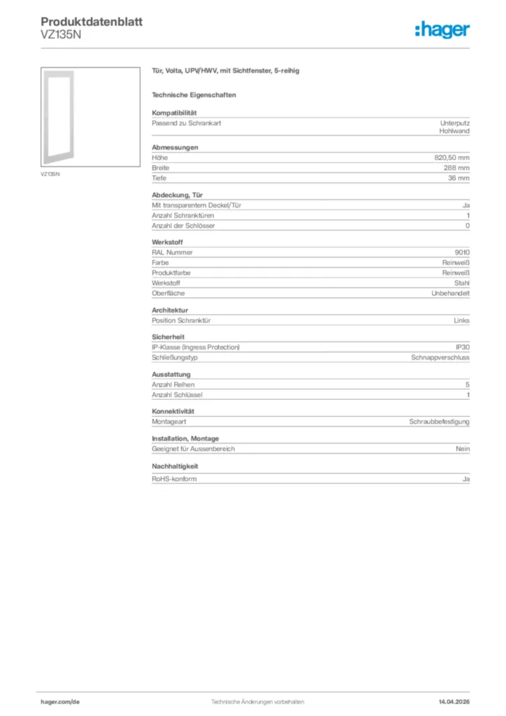 Bild Hager Produktdatenblatt VZ135N | Hager Deutschland