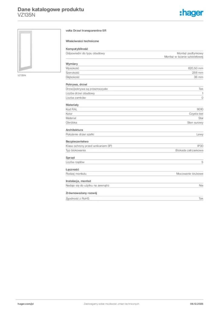 Zdjęcie Hager Karta katalogowa VZ135N | Hager Polska