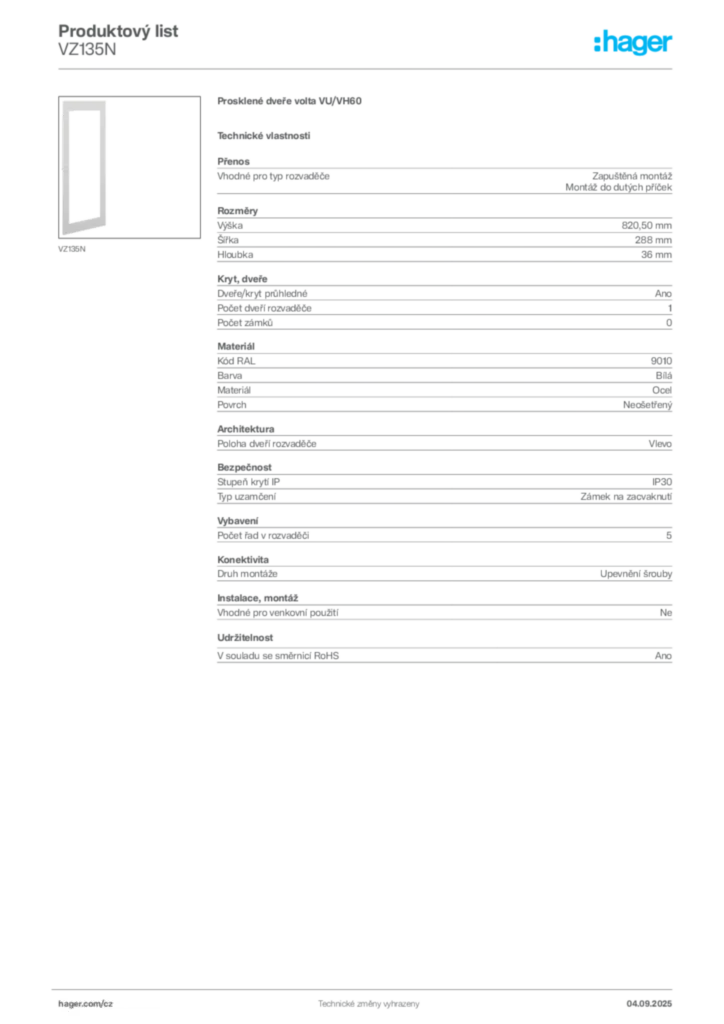 Obrázek Hager Produktový list VZ135N | Hager