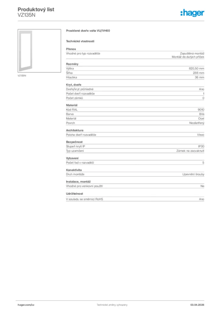 Obrázek Hager Product data sheet VZ135N | Hager