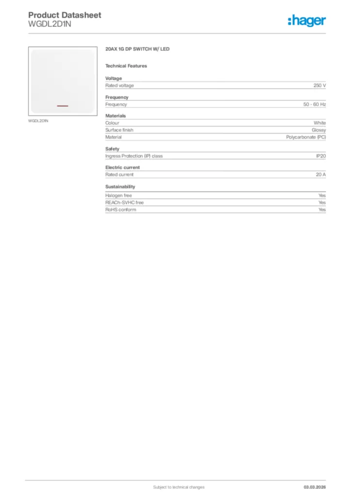 Image Hager Product data sheet WGDL2D1N  | Hager Africa