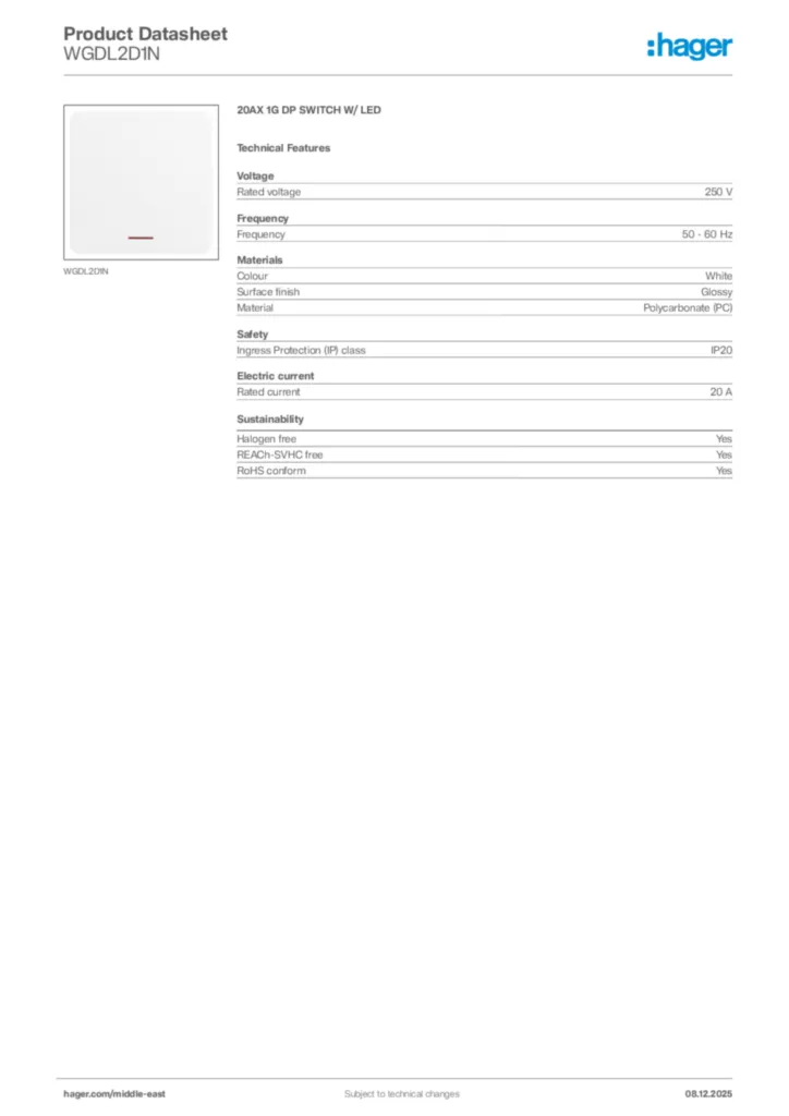 Image Hager Product data sheet WGDL2D1N  | Hager