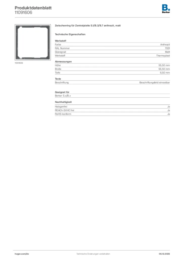 Bild Berker Produktdatenblatt 11091606 | Hager Deutschland