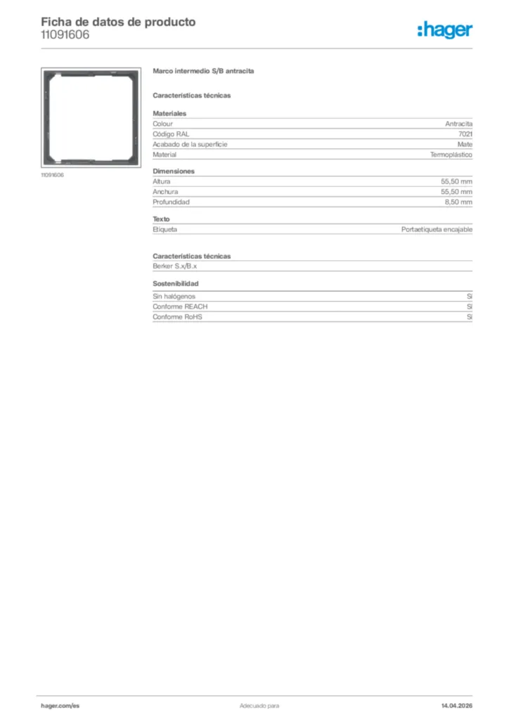 Imagen Hager Ficha de datos de producto 11091606 | Hager España