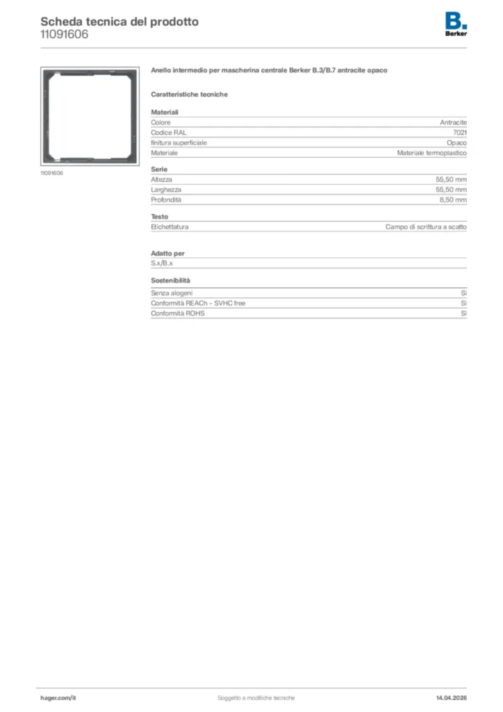 Immagine Berker Scheda tecnica del prodotto 11091606 | Hager Italia