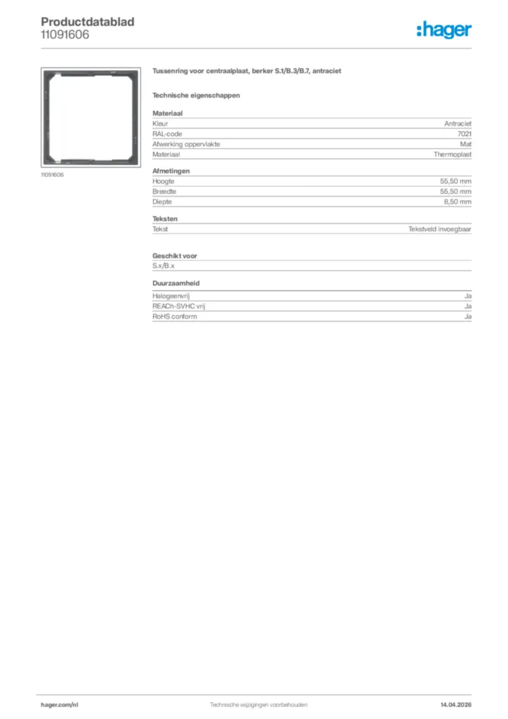 Afbeelding Hager Productdatablad 11091606 | Hager Nederland