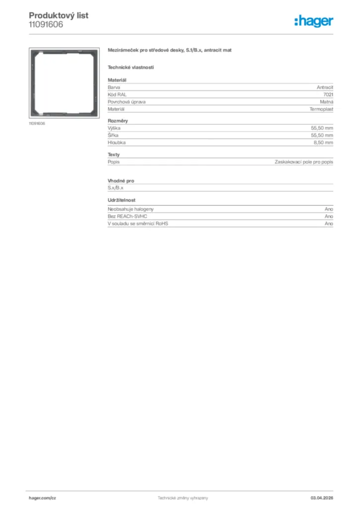Obrázek Hager Product data sheet 11091606 | Hager