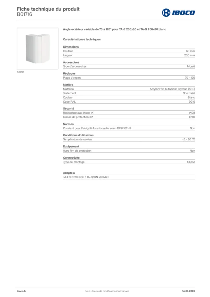 Image Iboco Fiche technique du produit B01716 | Hager France