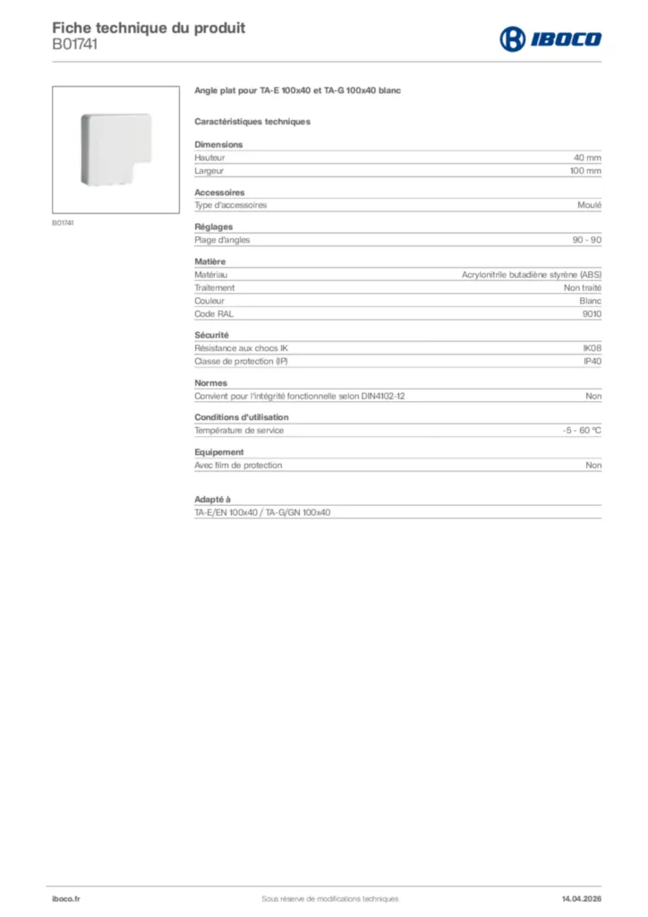 Image Iboco Fiche technique du produit B01741 | Hager France