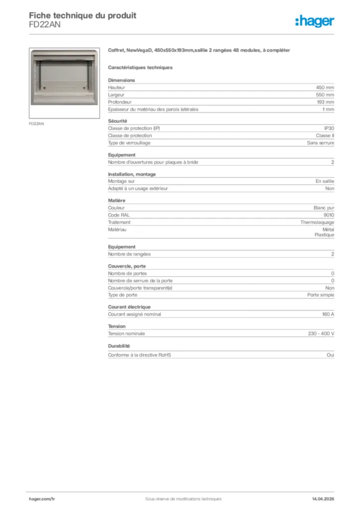 Image Hager Fiche technique du produit FD22AN | Hager France