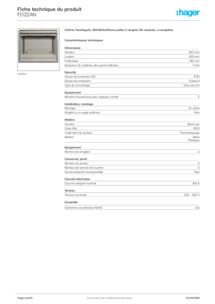 Image Hager Fiche technique du produit FD22AN | Hager France