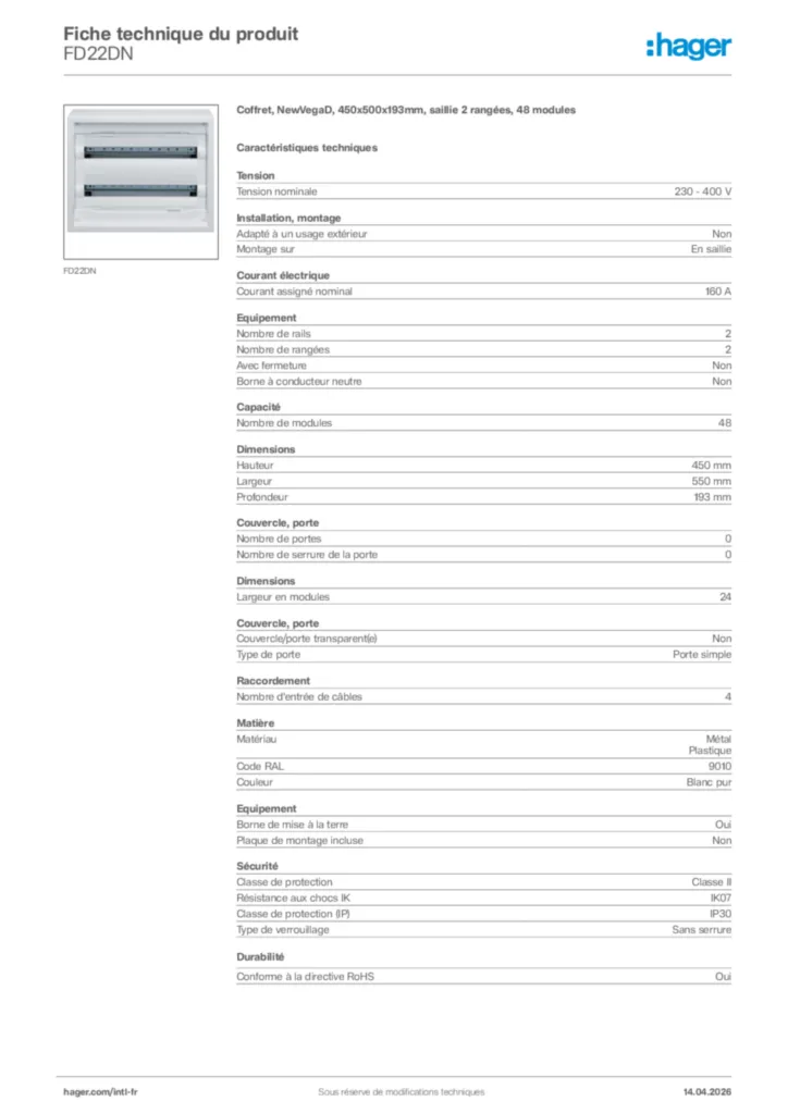 Image Hager Fiche technique du produit FD22DN | Hager Afrique