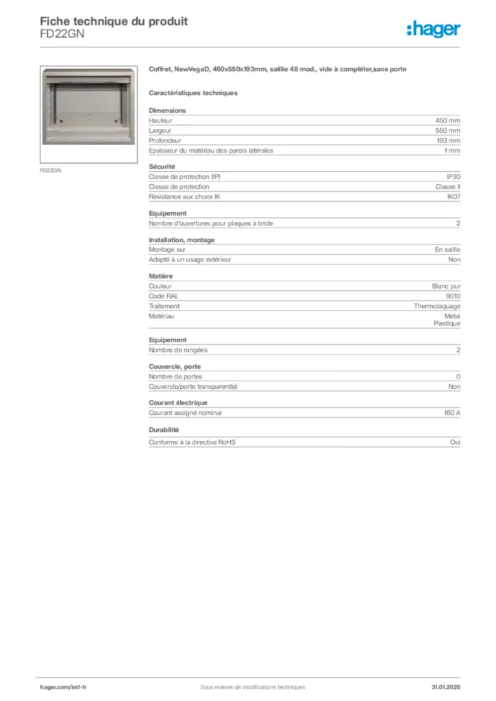 Image Hager Fiche technique du produit FD22GN | Hager Afrique