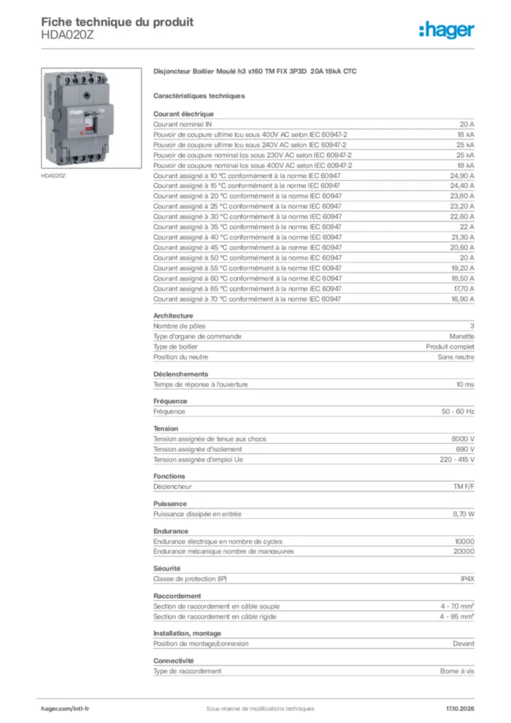 Image Hager Fiche technique du produit HDA020Z | Hager Afrique