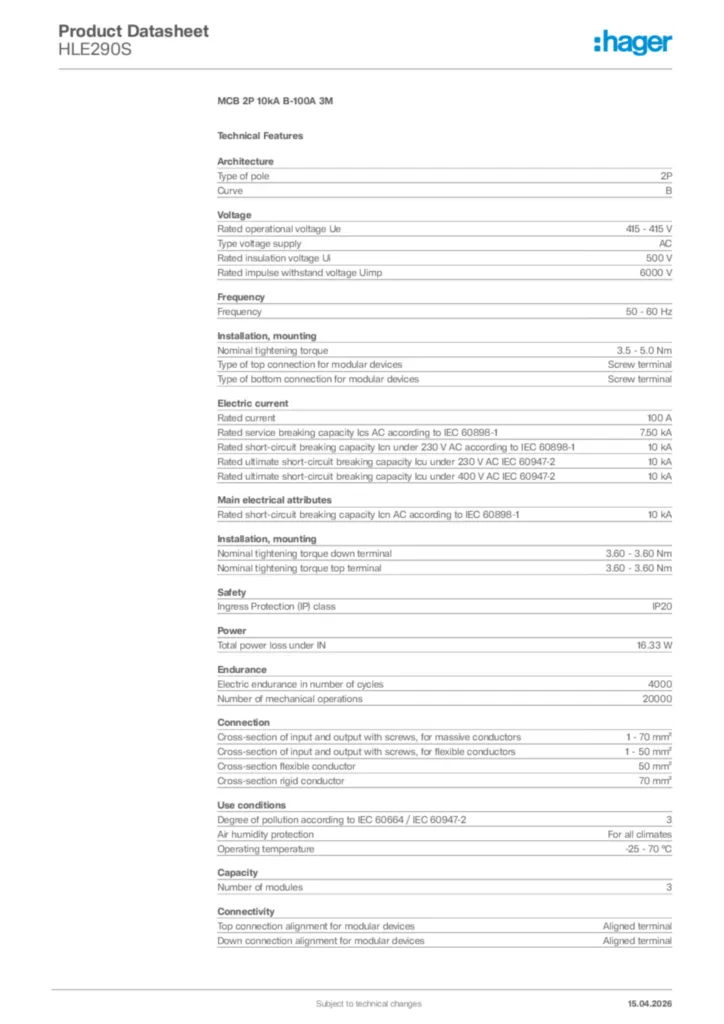Image Hager Product data sheet HLE290S  | Hager Africa