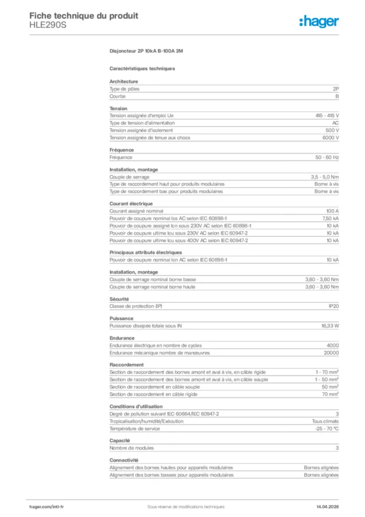 Image Hager Fiche technique du produit HLE290S | Hager Afrique