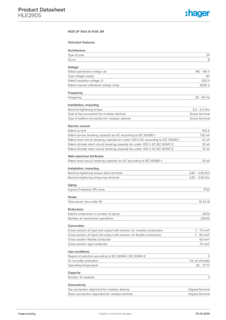 Image Hager Product data sheet HLE290S  | Hager