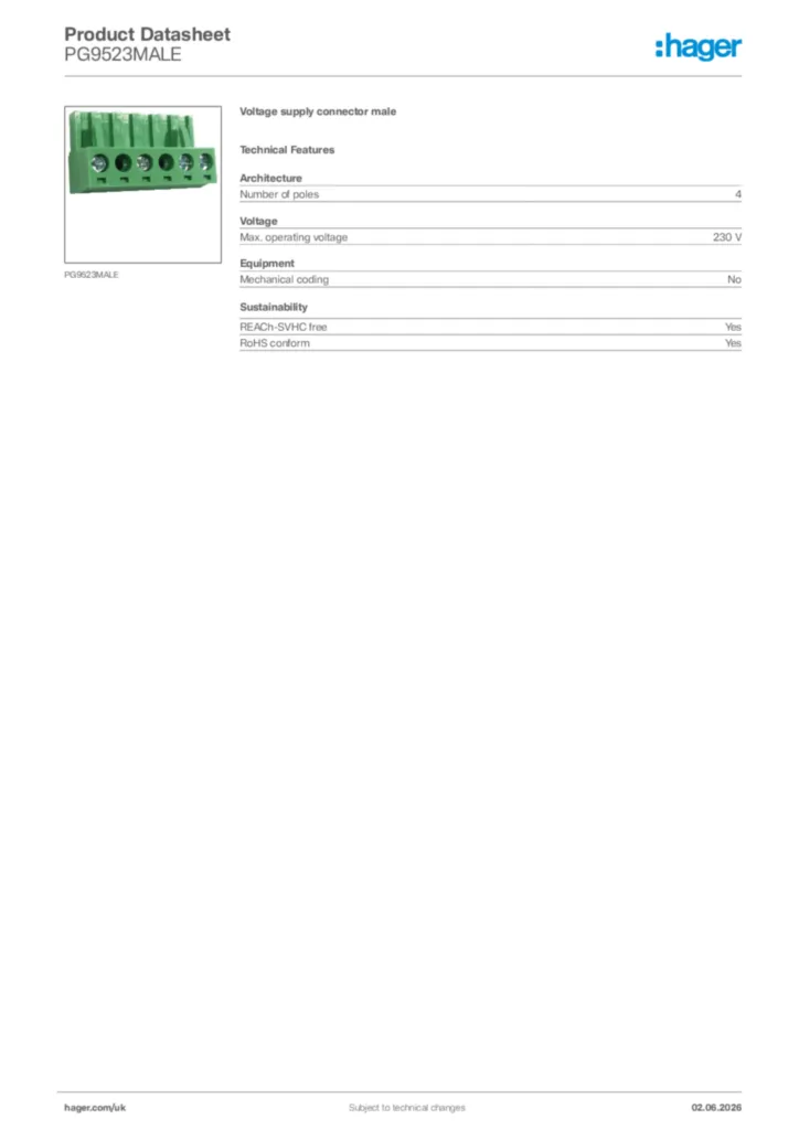 Image Hager Product data sheet PG9523MALE  | Hager