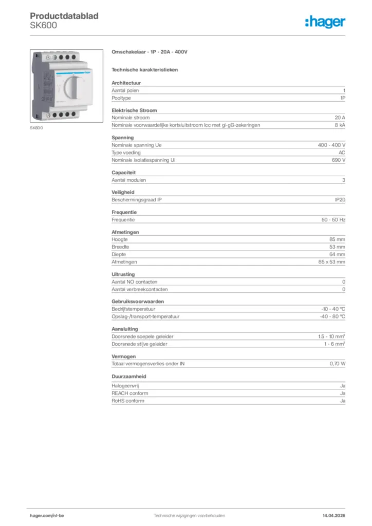 Afbeelding Hager Productdatablad SK600 | Hager Belgium