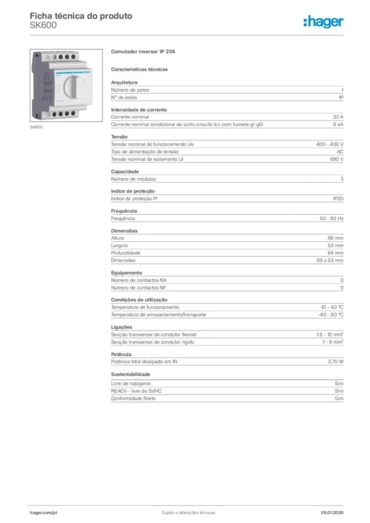 Imagem Hager Ficha técnica do produto SK600 | Hager Portugal