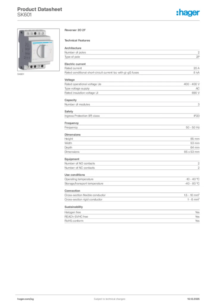 Image Hager Product data sheet SK601  | Hager