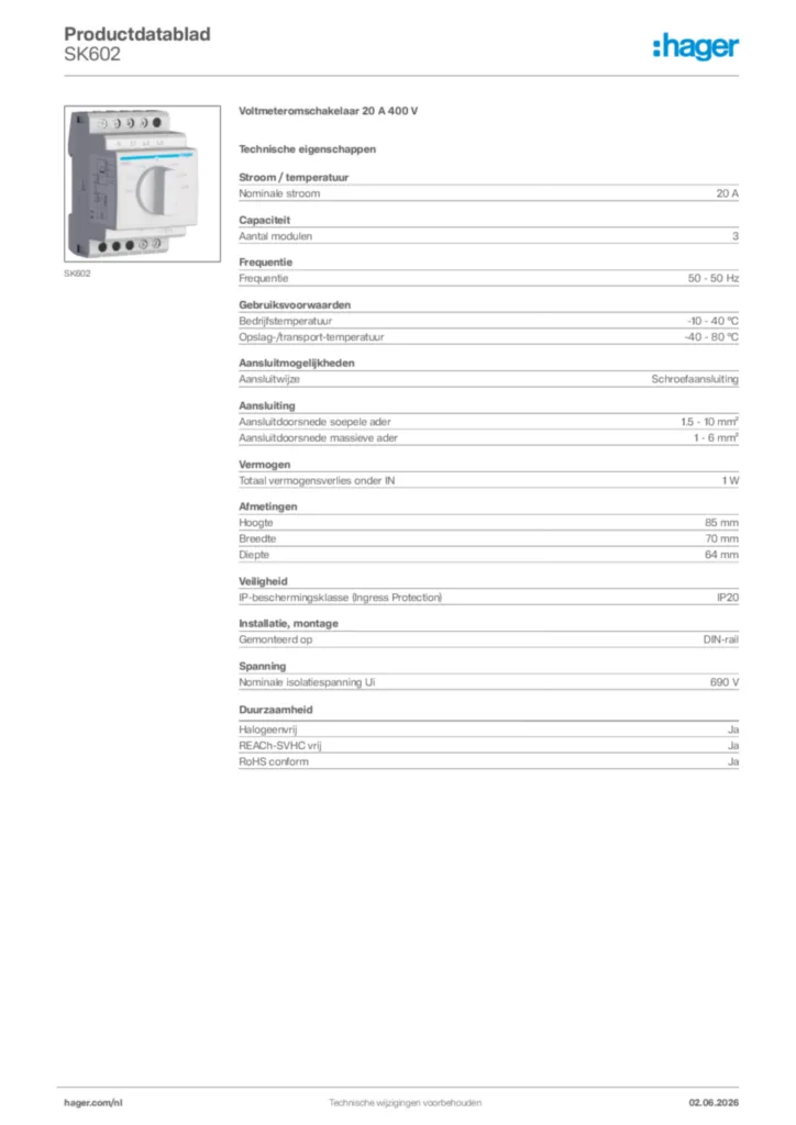 Afbeelding Hager Productdatablad SK602 | Hager Nederland