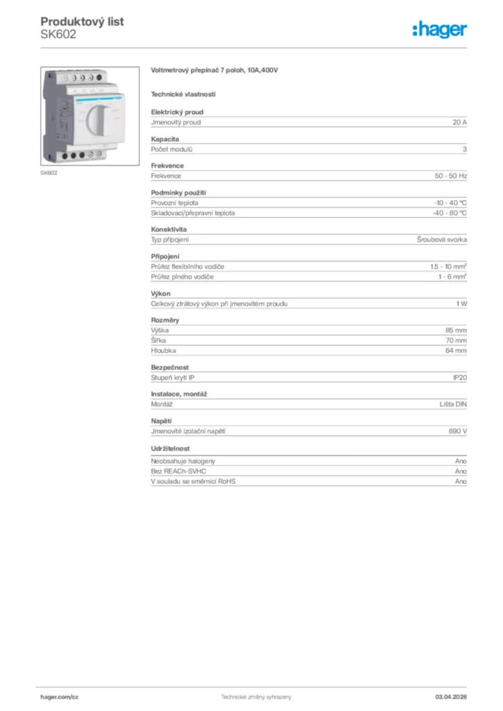 Obrázek Hager Product data sheet SK602 | Hager