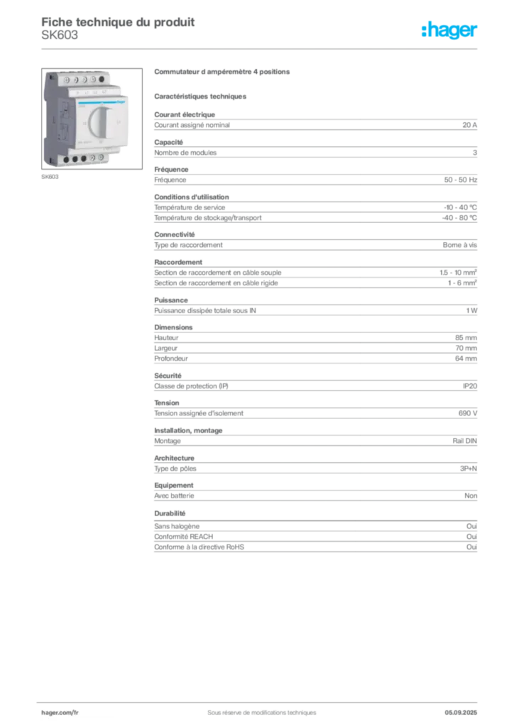 Image Hager Fiche technique du produit SK603 | Hager France