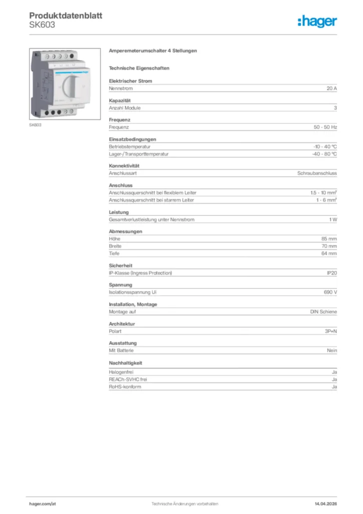 Bild Hager Produktdatenblatt SK603 | Hager Deutschland