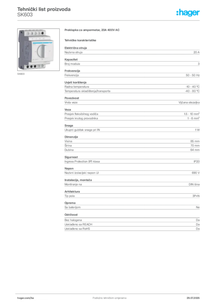 Slika Hager Product data sheet SK603  | Hager