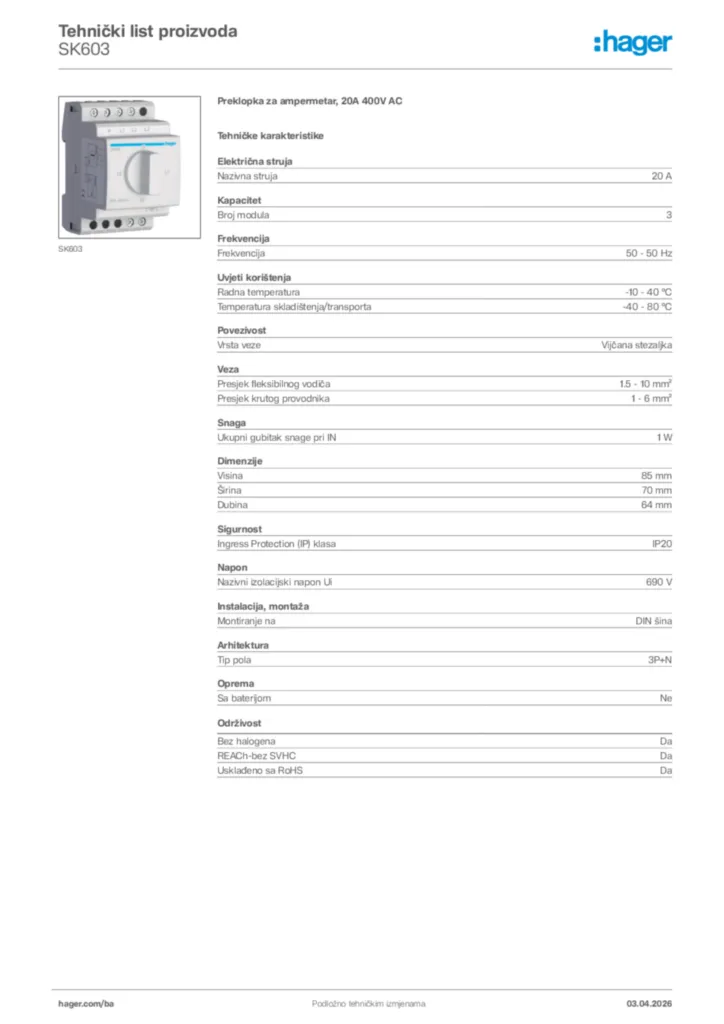 Slika Hager Tehnički list proizvoda SK603  | Hager
