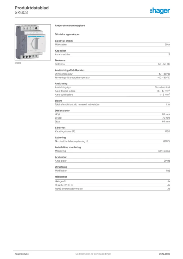Bild Hager Produktdatablad SK603 | Hager Sverige
