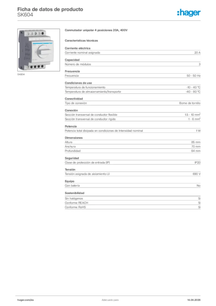 Imagen Hager Ficha de datos de producto SK604 | Hager España