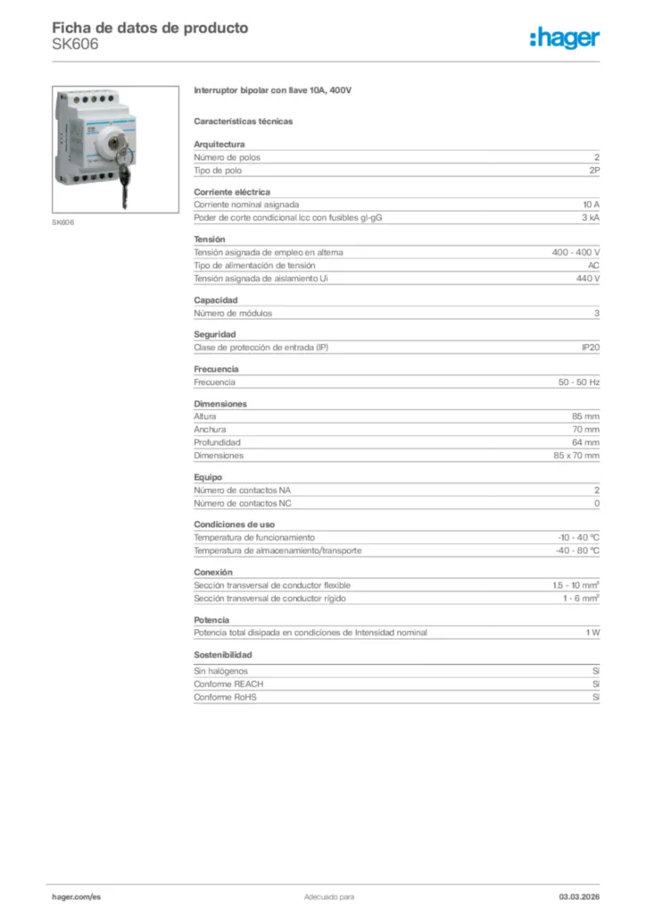 Imagen Hager Ficha de datos de producto SK606 | Hager España