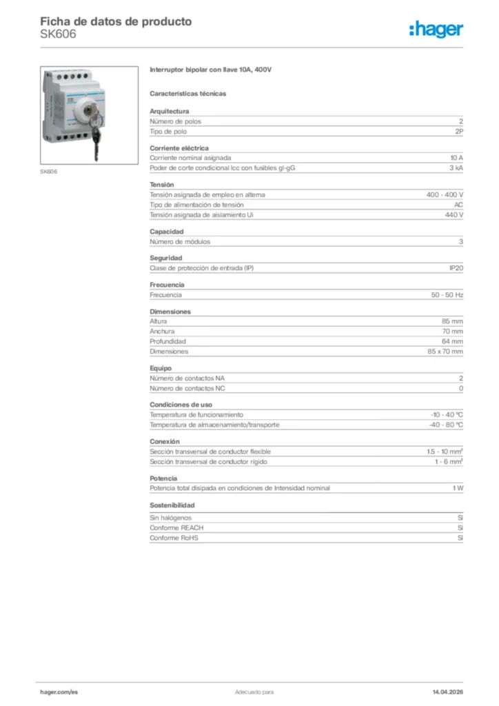 Imagen Hager Ficha de datos de producto SK606 | Hager España