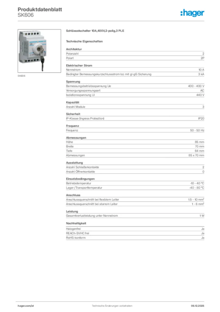 Bild Hager Produktdatenblatt SK606 | Hager Deutschland