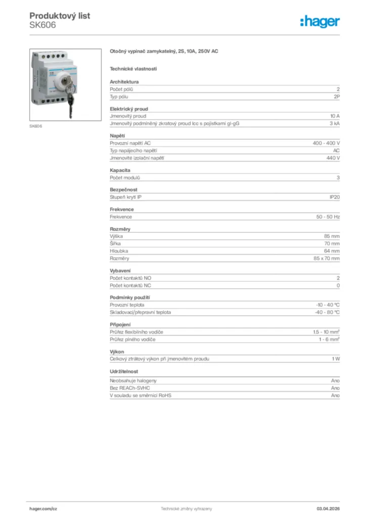 Obrázek Hager Product data sheet SK606 | Hager