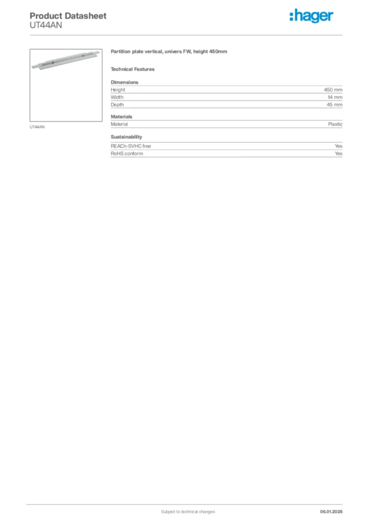 Image Hager Product data sheet UT44AN  | Hager Africa
