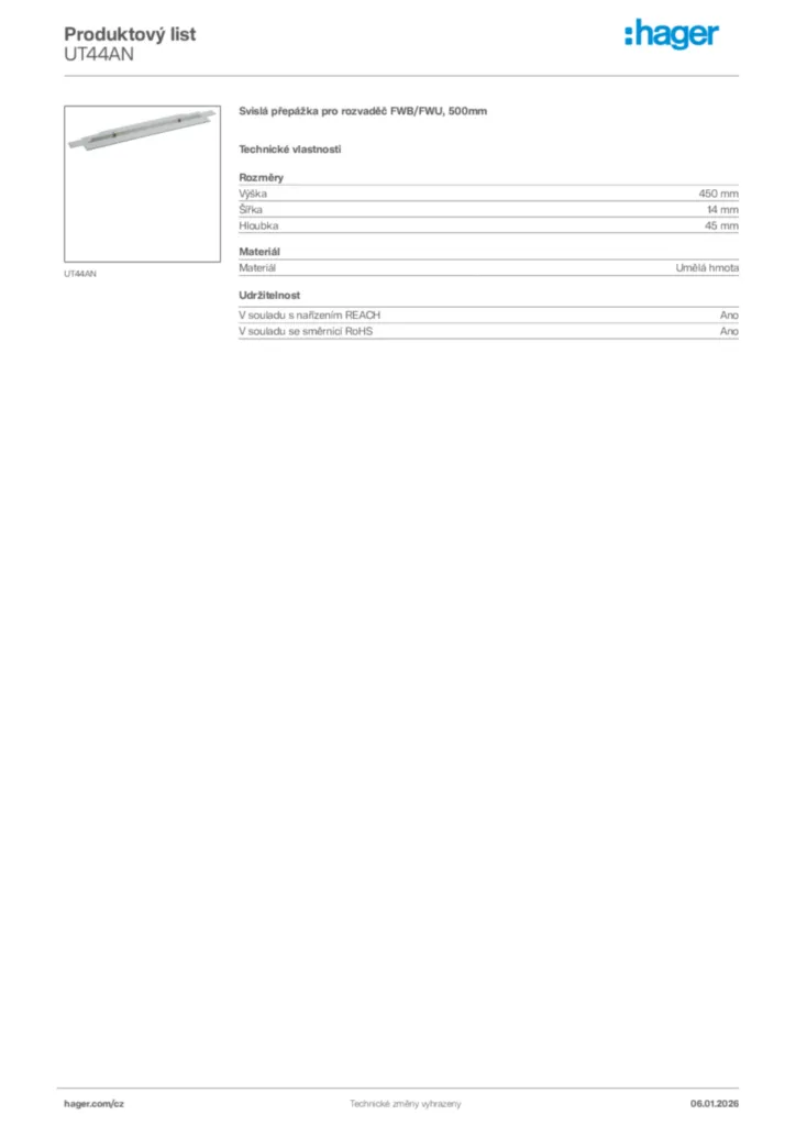 Obrázek Hager Product data sheet UT44AN | Hager