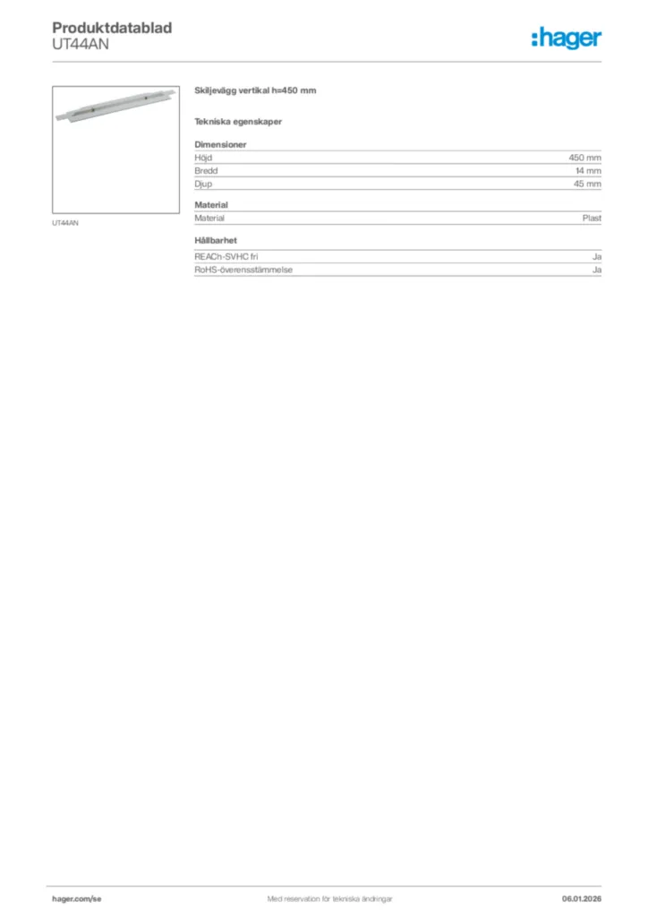 Bild Hager Produktdatablad UT44AN | Hager Sverige