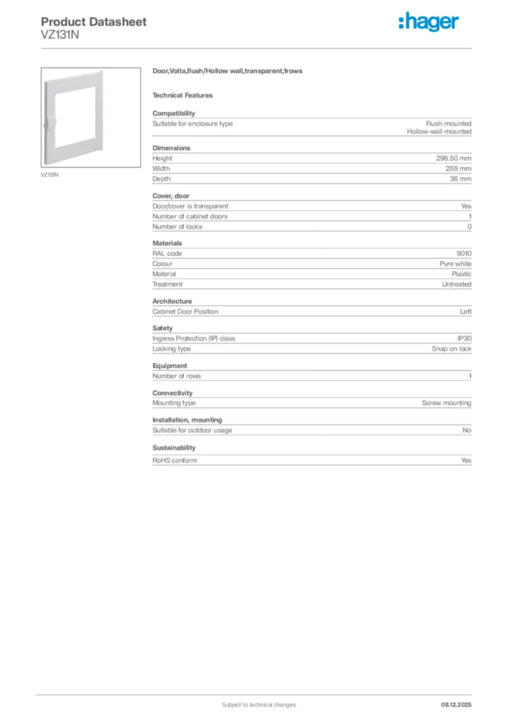 Image Hager Product data sheet VZ131N  | Hager Africa